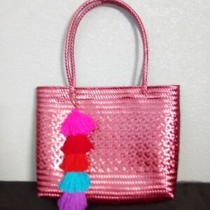 Metallic Burgundy Tote Bag with Tassel Charm ( Bag C )